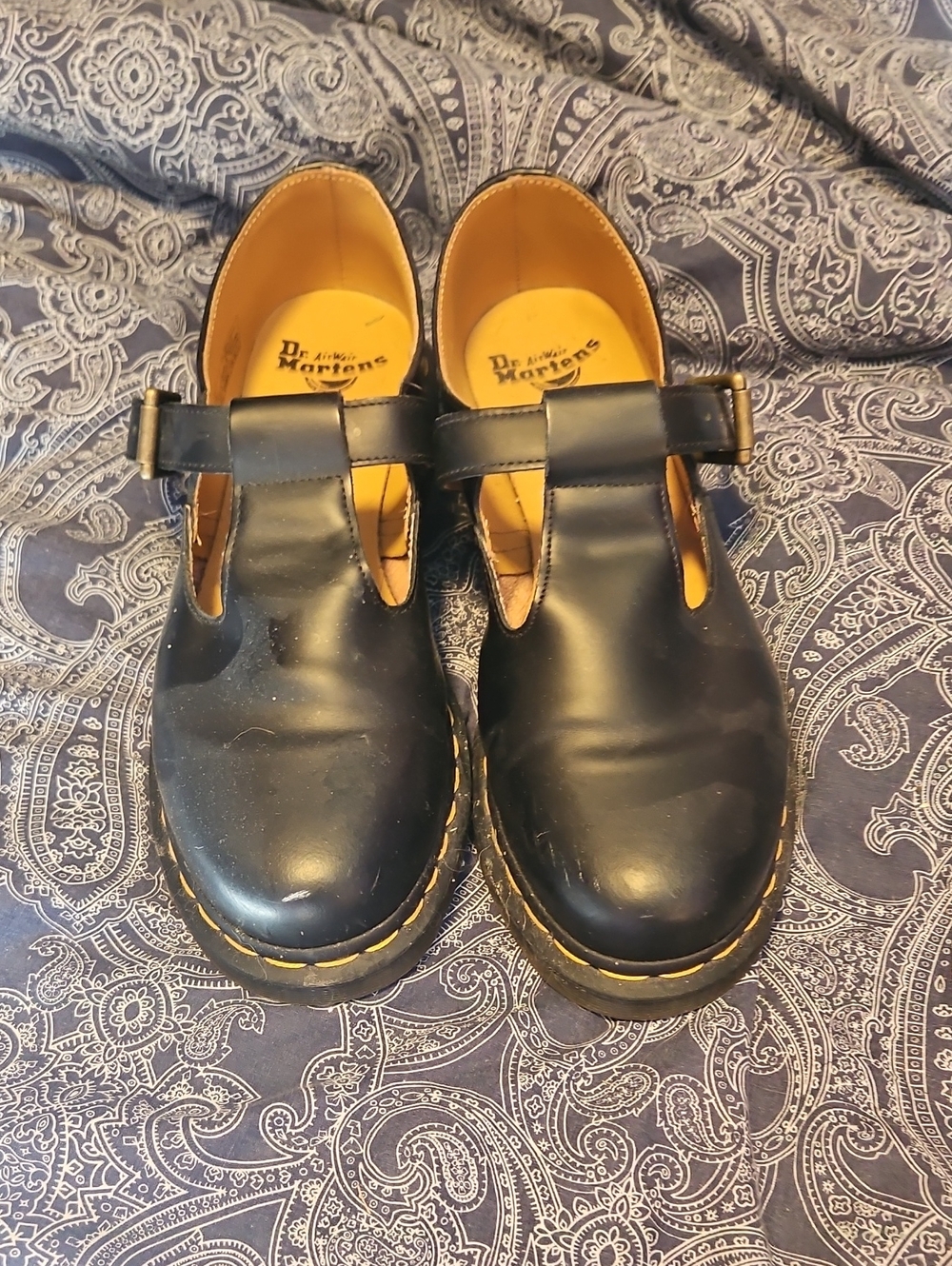 Dr. Martens Black Leather T-Bar Mary Janes with Yellow Stitching